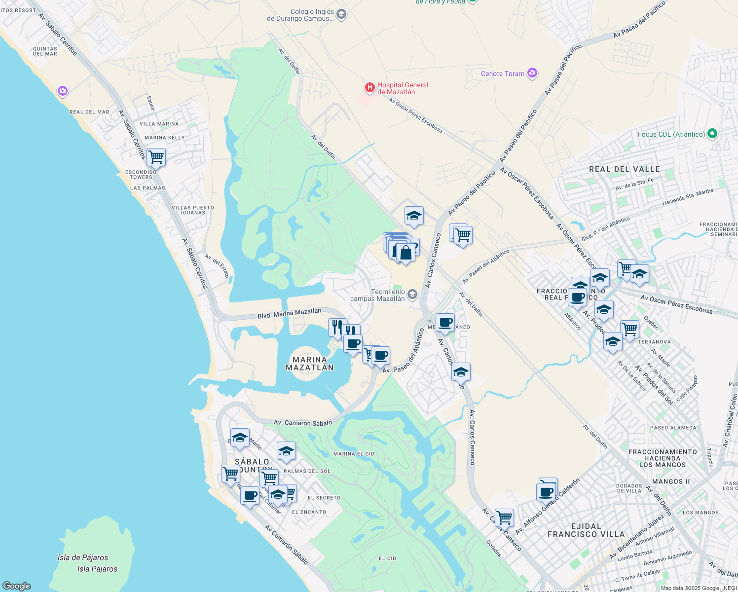 map of restaurants, bars, coffee shops, grocery stores, and more near 6132 Diamante in Mazatlán