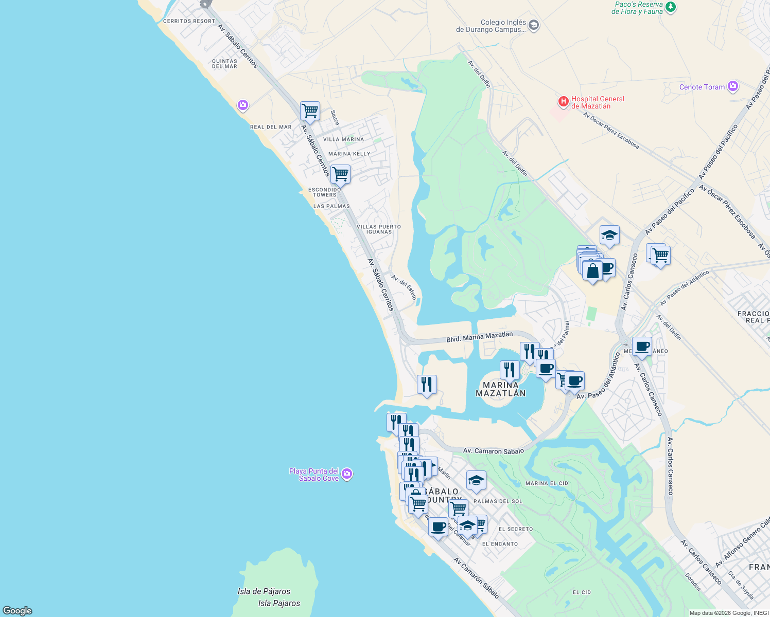 map of restaurants, bars, coffee shops, grocery stores, and more near 3100 Avenida Sábalo Cerritos in Mazatlán