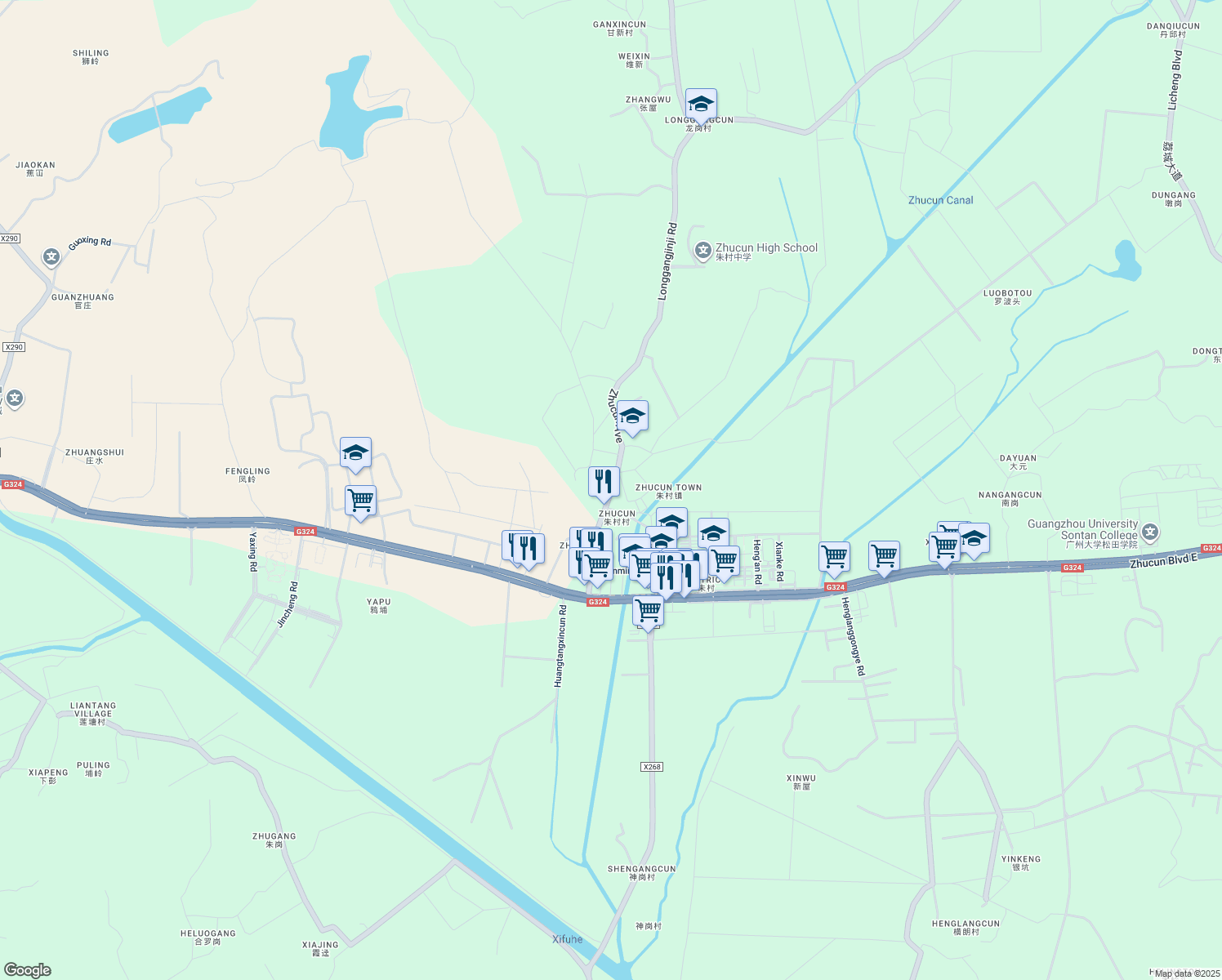 map of restaurants, bars, coffee shops, grocery stores, and more near Zhu Cun Da Jie in Guang Zhou Shi