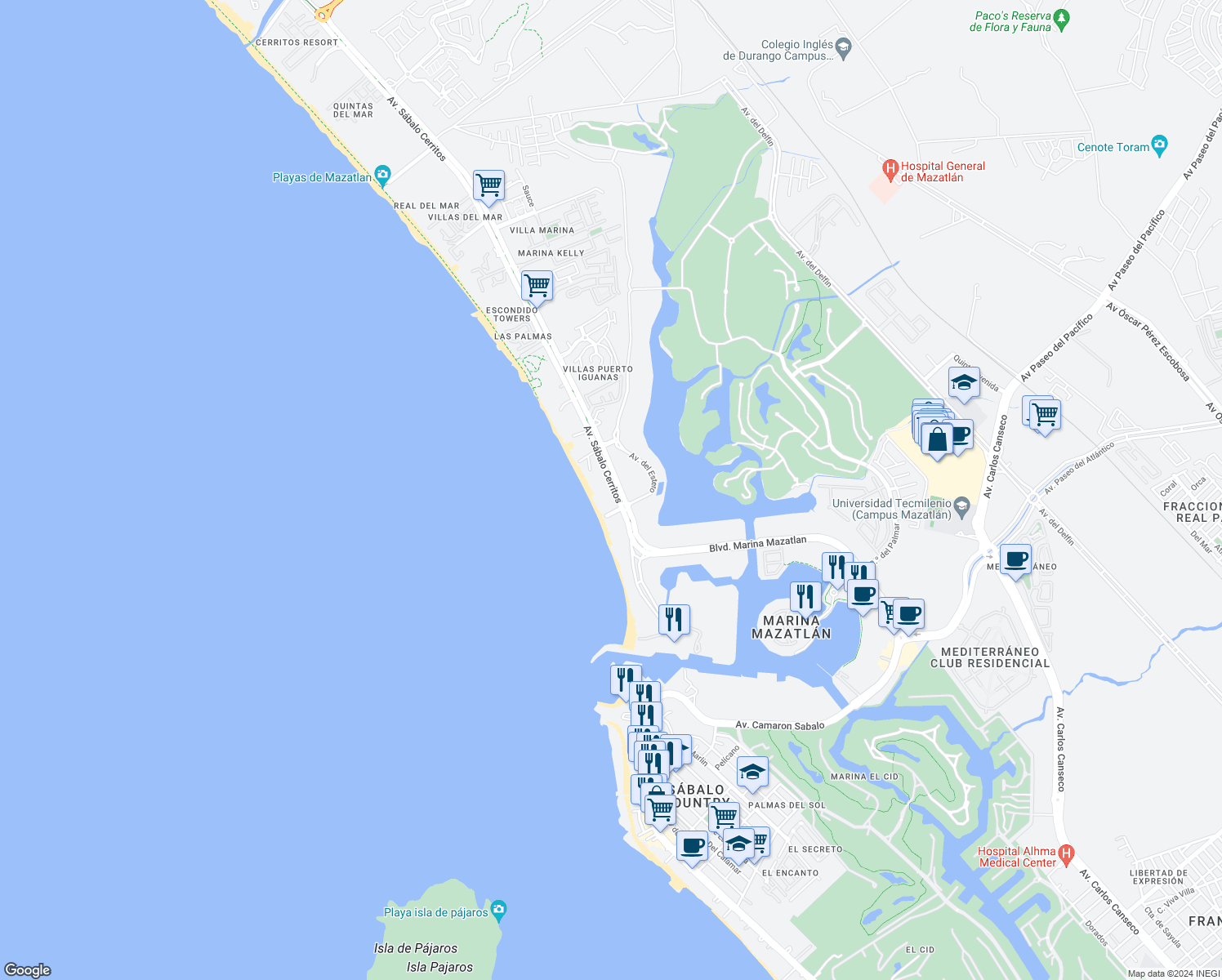 map of restaurants, bars, coffee shops, grocery stores, and more near 3100 Avenida Sábalo Cerritos in Mazatlán