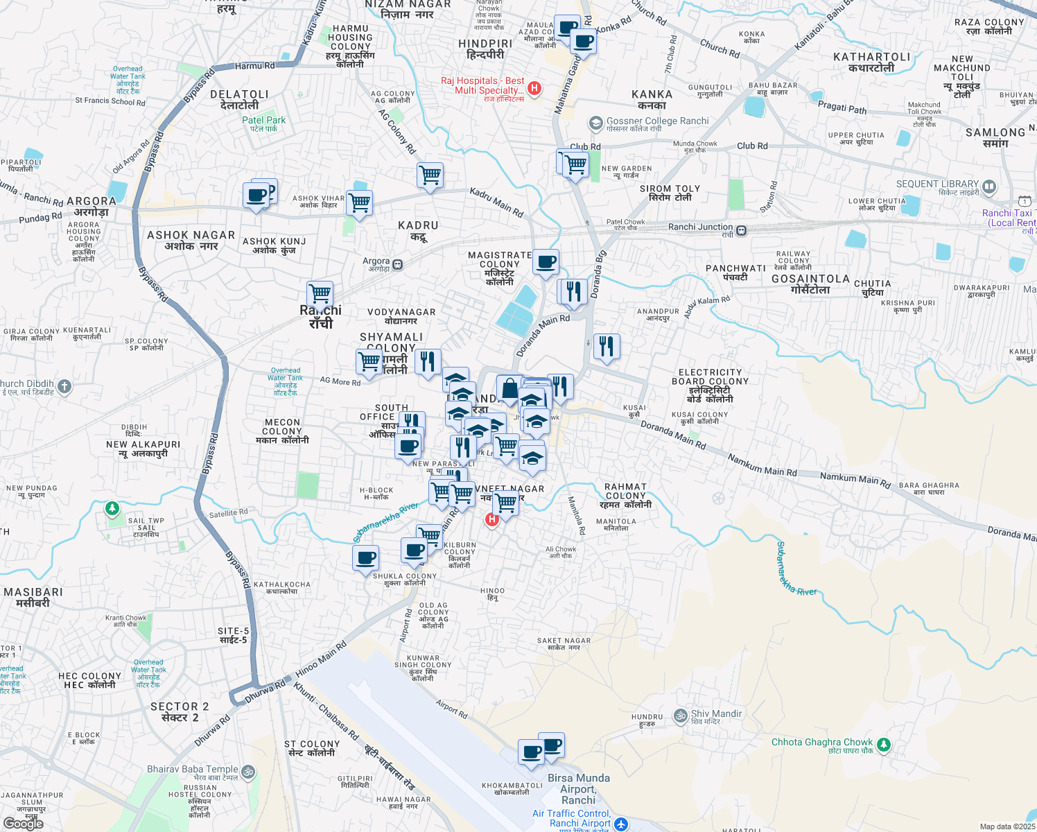map of restaurants, bars, coffee shops, grocery stores, and more near Doranda Bazar Road in Ranchi