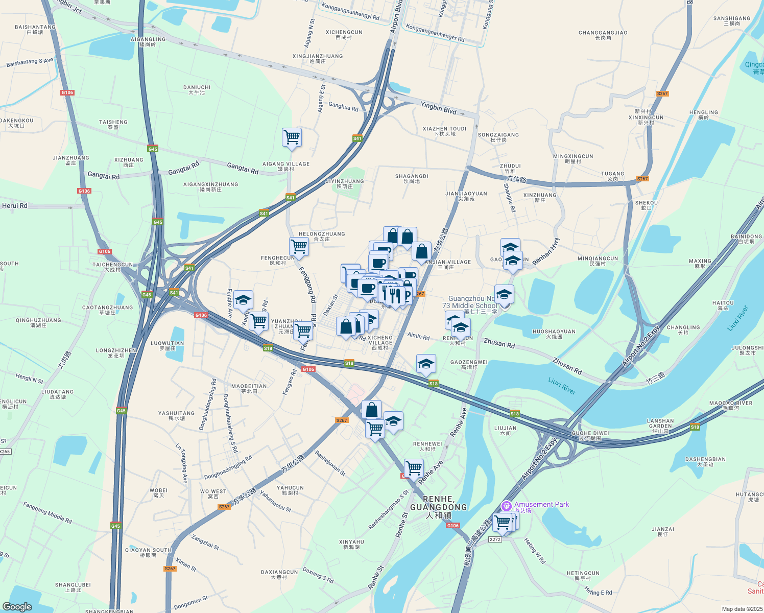 map of restaurants, bars, coffee shops, grocery stores, and more near Hua Xi Lu in Guang Zhou Shi