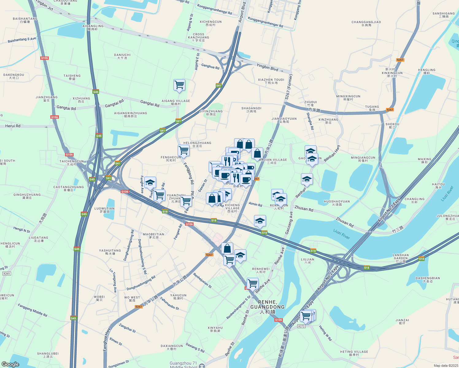 map of restaurants, bars, coffee shops, grocery stores, and more near Hua Xi Lu in Guang Zhou Shi