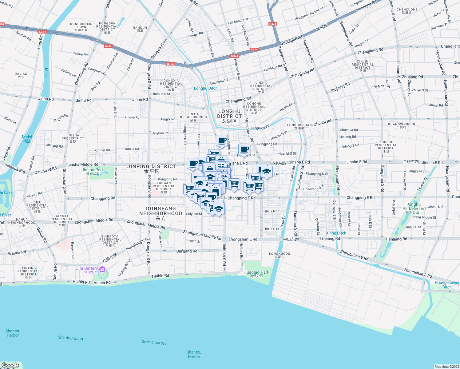 map of restaurants, bars, coffee shops, grocery stores, and more near Jin Huan Nan Lu in Shan Tou Shi