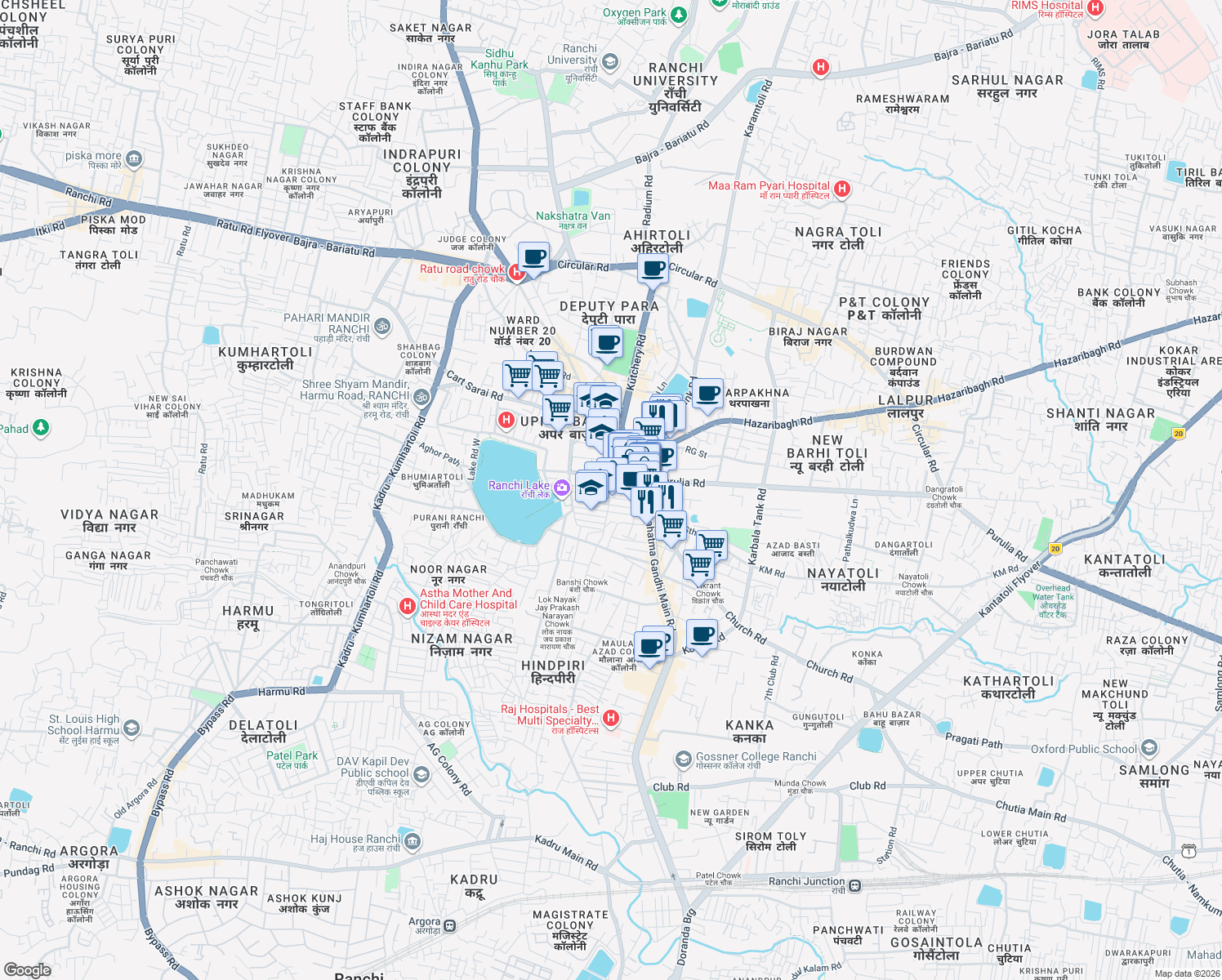 map of restaurants, bars, coffee shops, grocery stores, and more near SN Ganguly Road in Ranchi