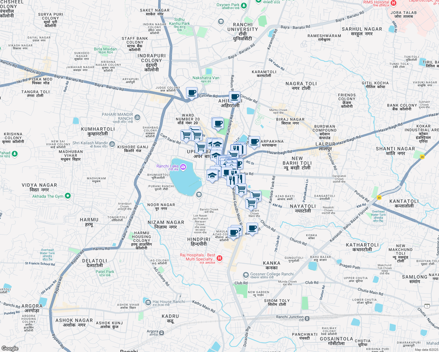 map of restaurants, bars, coffee shops, grocery stores, and more near SN Ganguly Road in Ranchi
