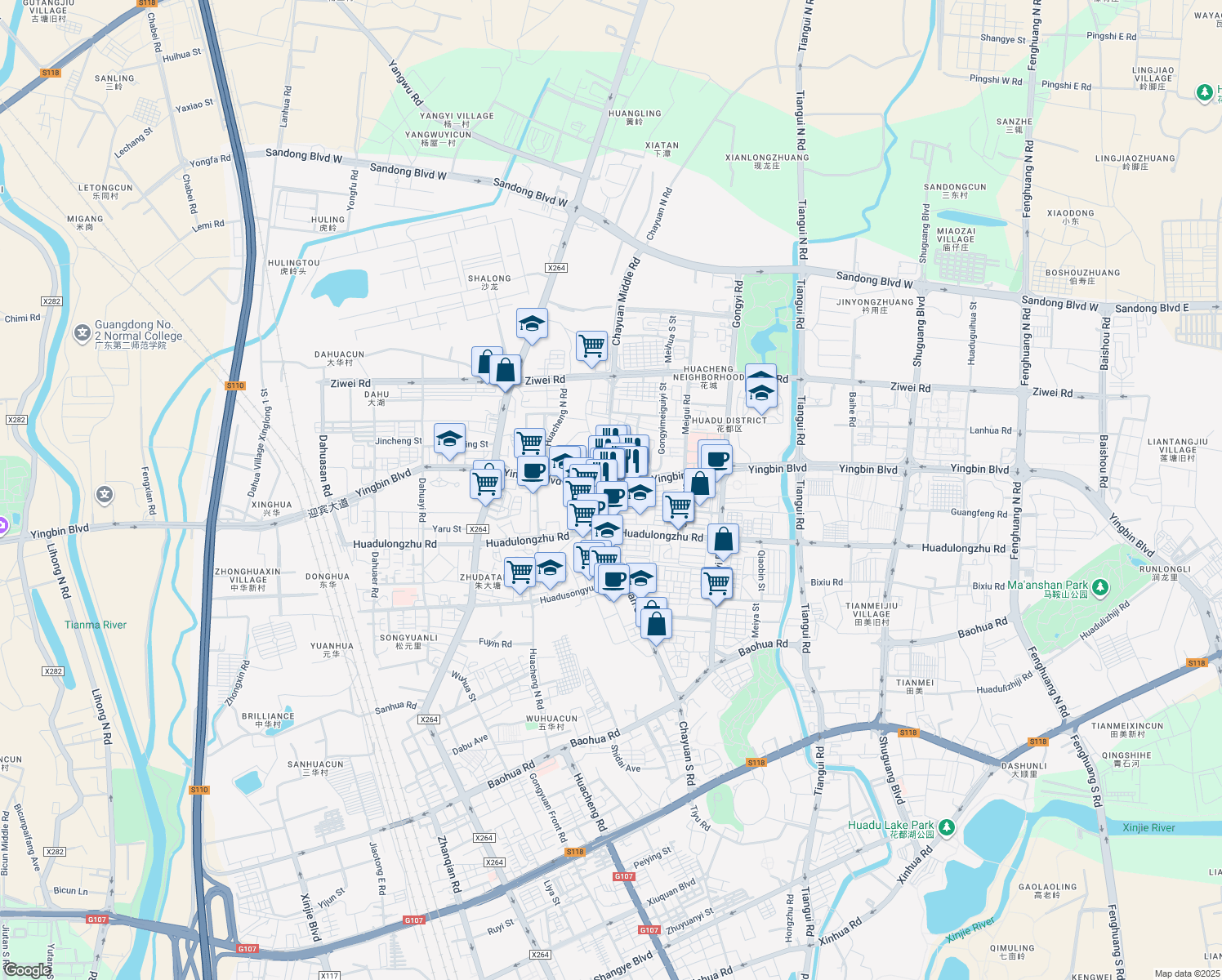 map of restaurants, bars, coffee shops, grocery stores, and more near Ying Bin Da Dao in Guangzhou Shi