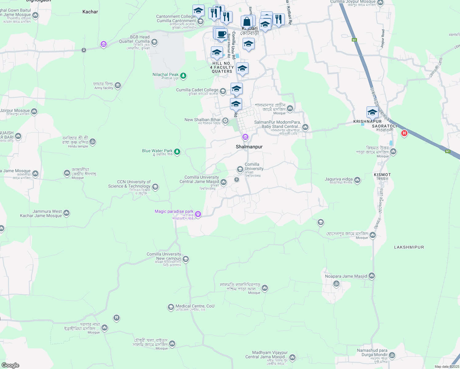map of restaurants, bars, coffee shops, grocery stores, and more near Comilla University Road in Comilla