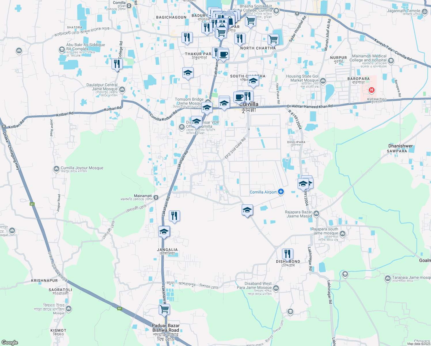 map of restaurants, bars, coffee shops, grocery stores, and more near ইয়াসিন মার্কেট রোড in Comilla