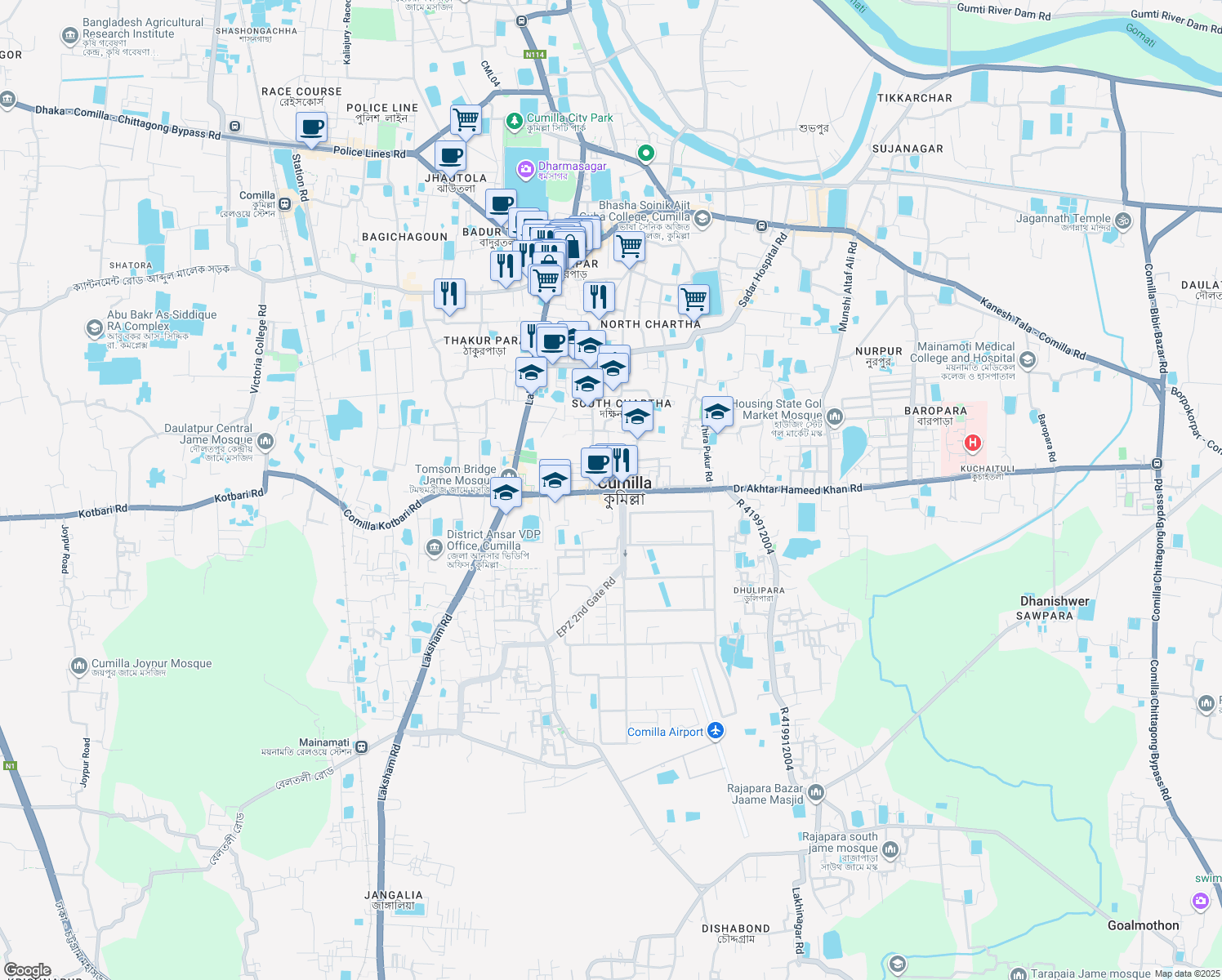 map of restaurants, bars, coffee shops, grocery stores, and more near ইয়াসিন মার্কেট রোড in Comilla
