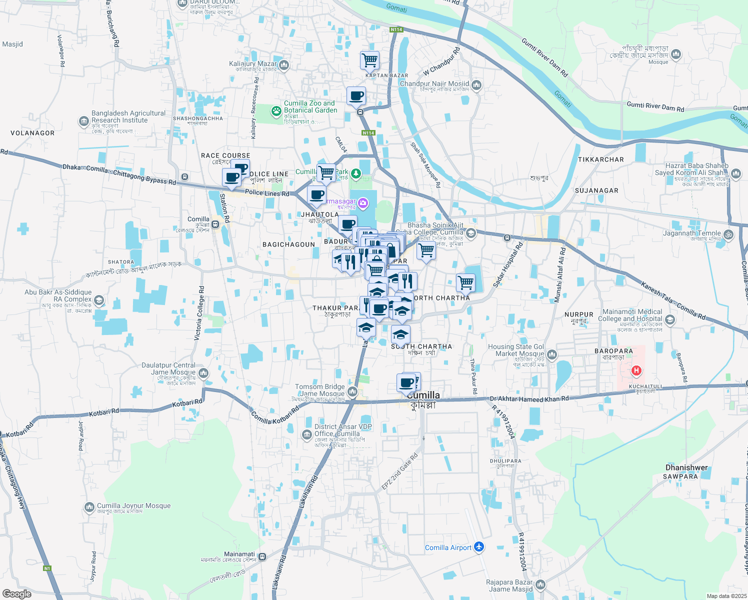 map of restaurants, bars, coffee shops, grocery stores, and more near Laksham Road in Comilla