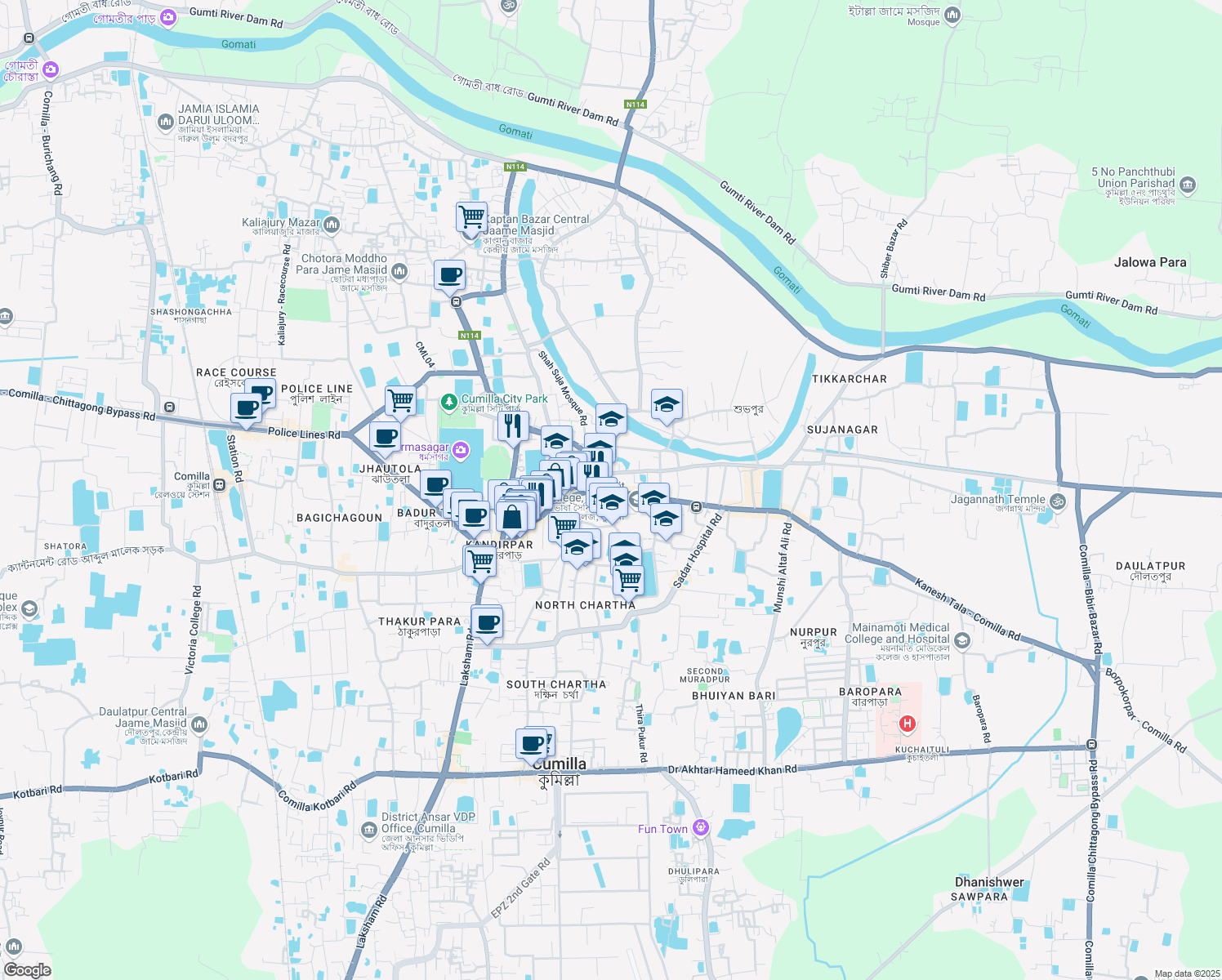 map of restaurants, bars, coffee shops, grocery stores, and more near Dr Akhtar Hameed Khan Road in Comilla