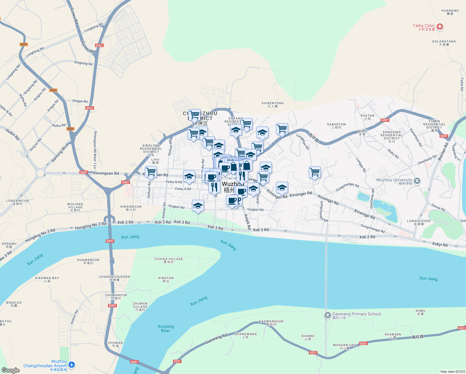 map of restaurants, bars, coffee shops, grocery stores, and more near in Wuzhou