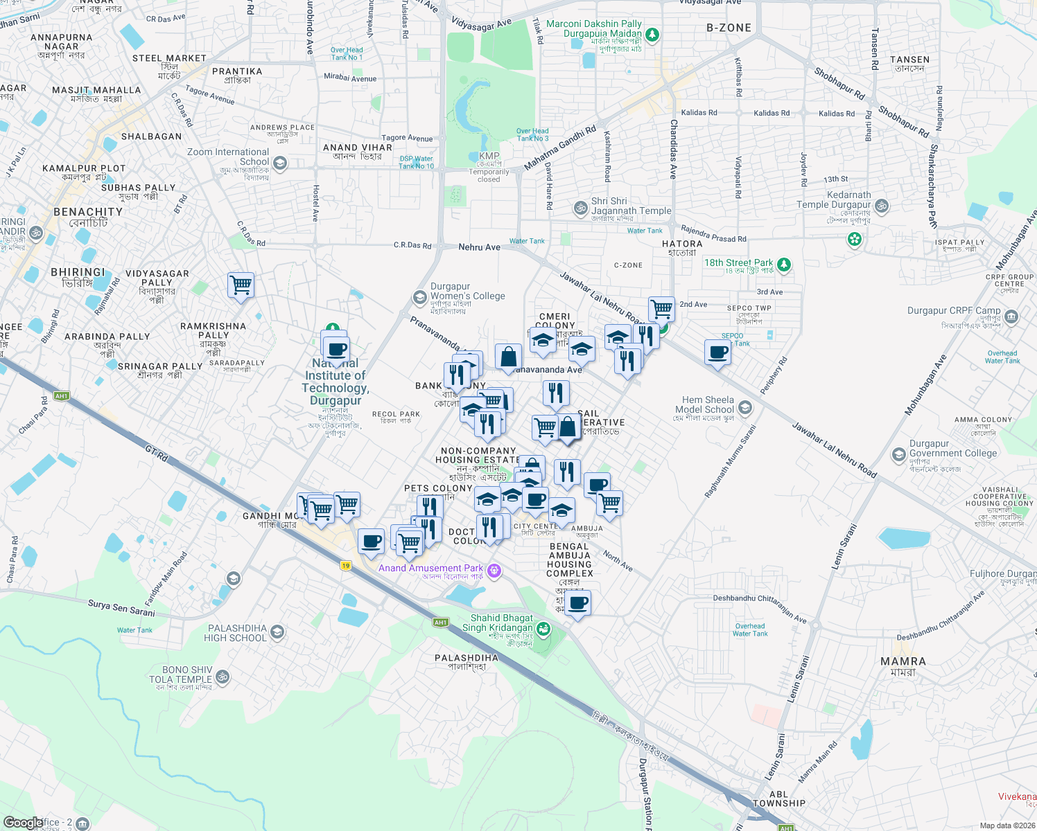 map of restaurants, bars, coffee shops, grocery stores, and more near Matangini Hazra Bithi in Durgapur