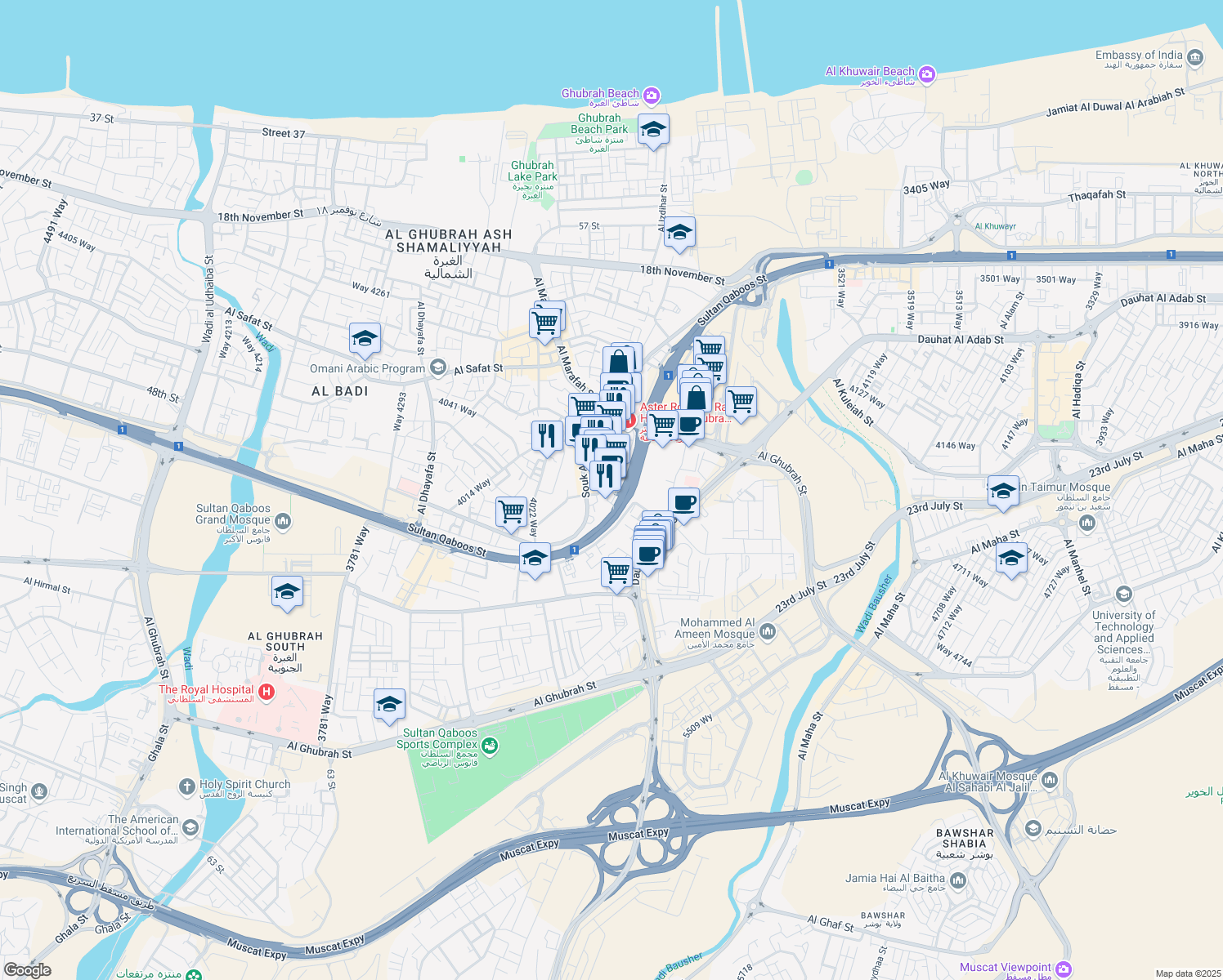 map of restaurants, bars, coffee shops, grocery stores, and more near Al Bahri Road in Muscat