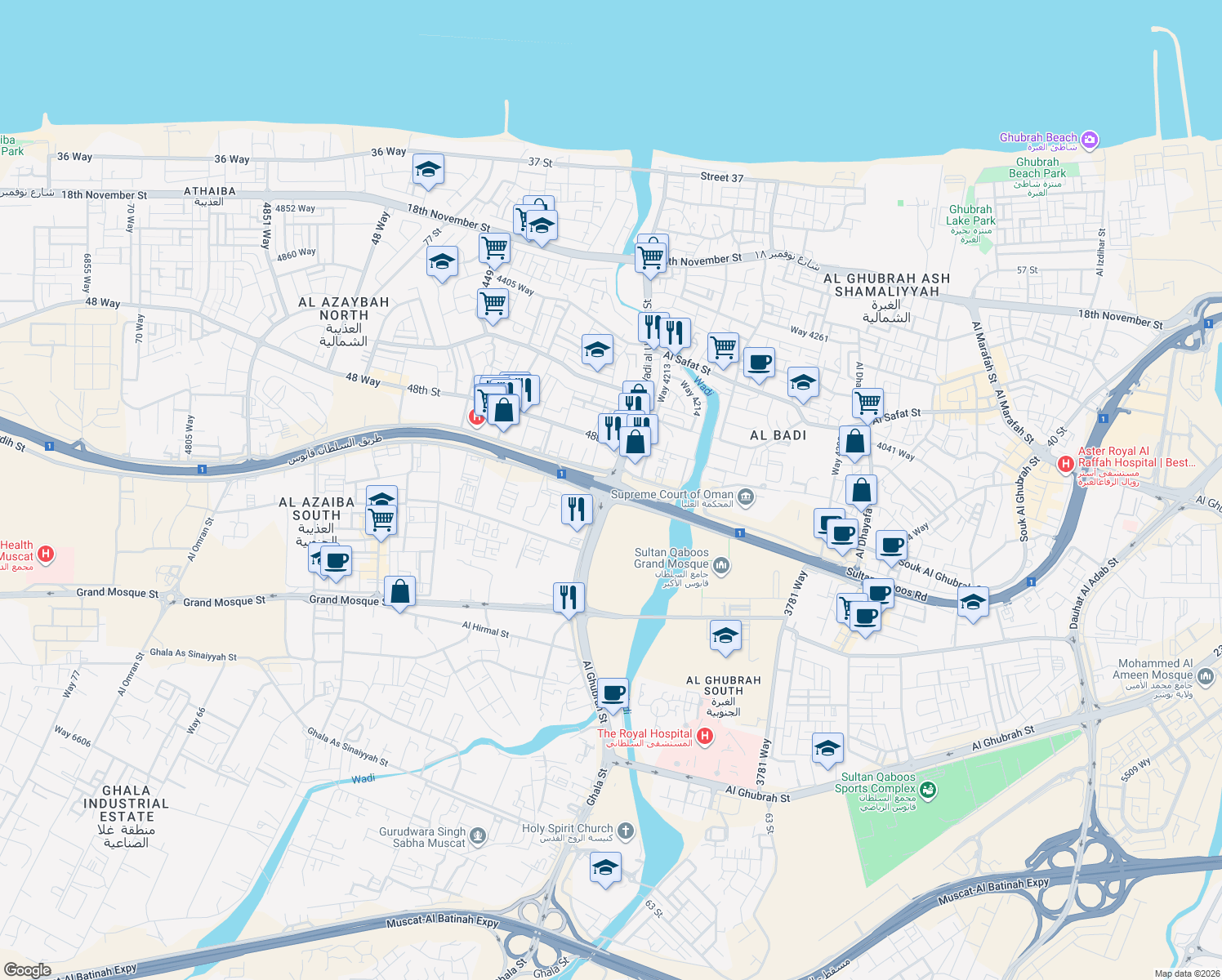 map of restaurants, bars, coffee shops, grocery stores, and more near Al Bahri Road in Muscat