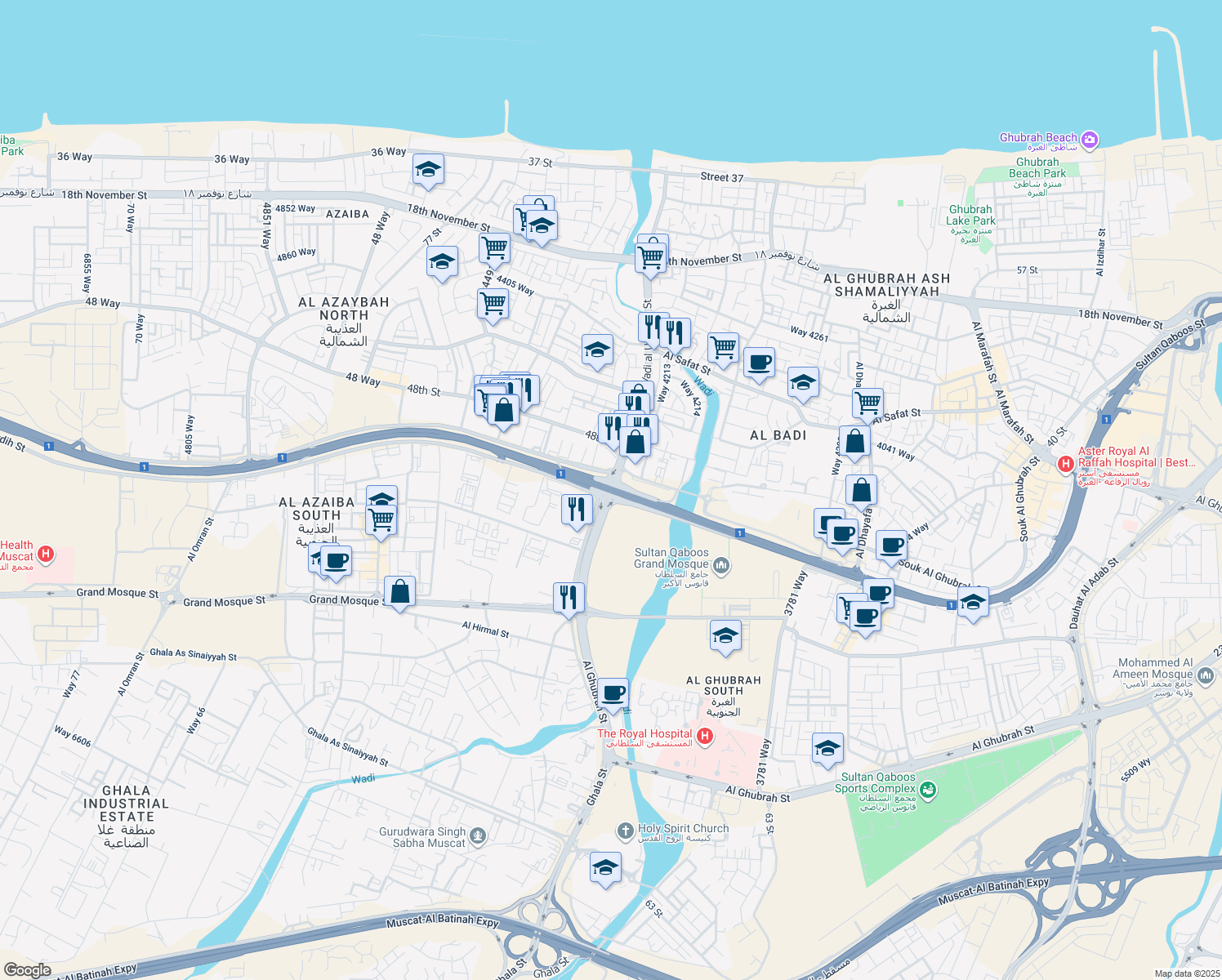 map of restaurants, bars, coffee shops, grocery stores, and more near in Muscat