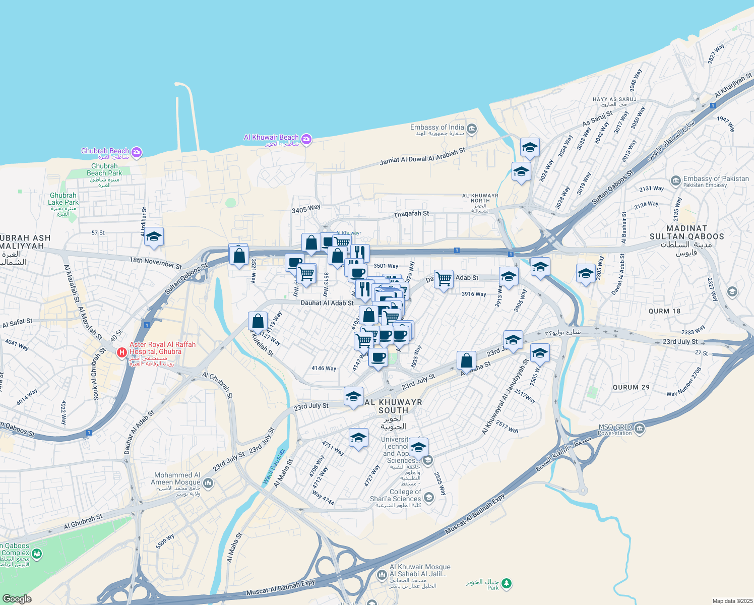 map of restaurants, bars, coffee shops, grocery stores, and more near Dohat Al Adab Street in Muscat