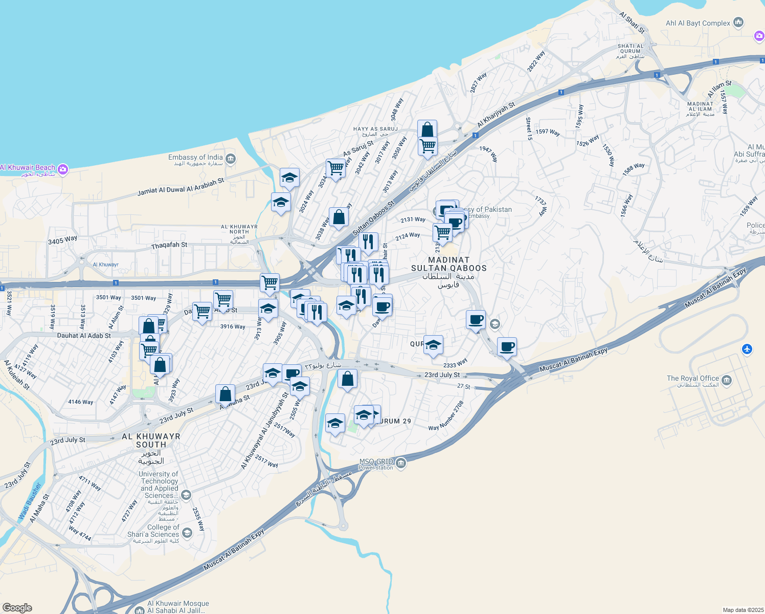 map of restaurants, bars, coffee shops, grocery stores, and more near Dawat Al Adab Street in Muscat
