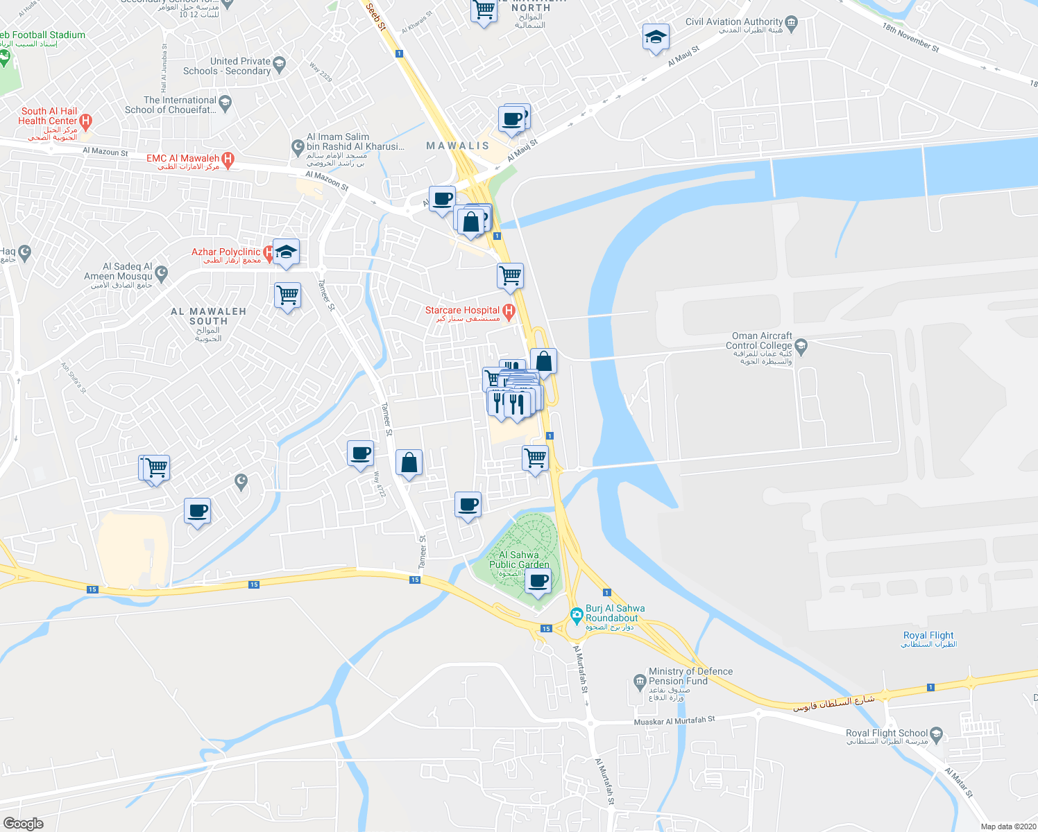 map of restaurants, bars, coffee shops, grocery stores, and more near Seeb Street in Muscat