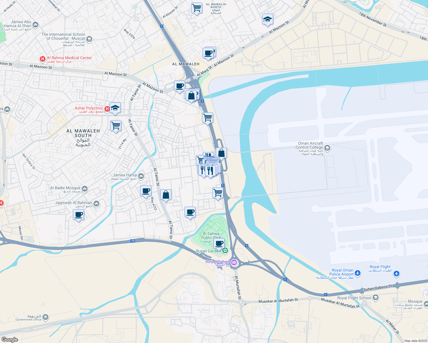 map of restaurants, bars, coffee shops, grocery stores, and more near Seeb Street in Muscat