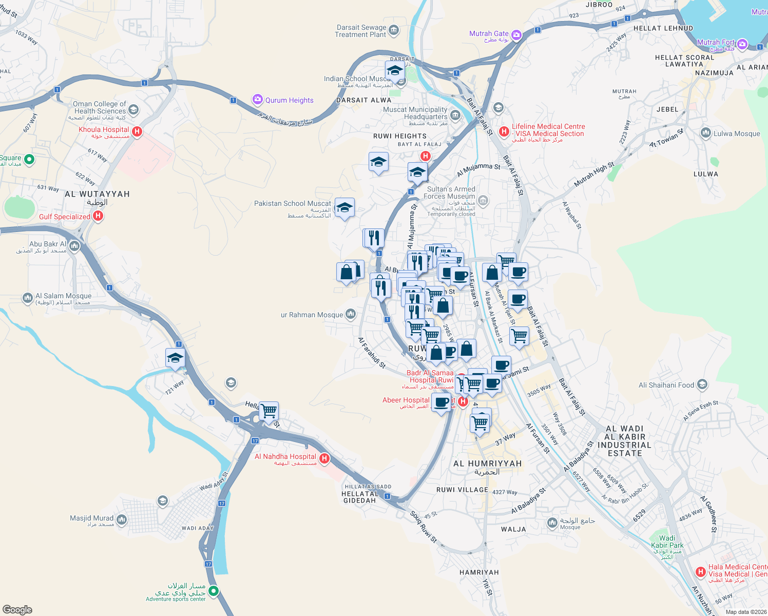 map of restaurants, bars, coffee shops, grocery stores, and more near Ruwi Street in Muscat