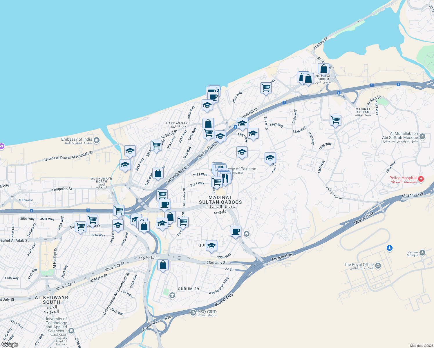 map of restaurants, bars, coffee shops, grocery stores, and more near Al Bashair Street in Muscat