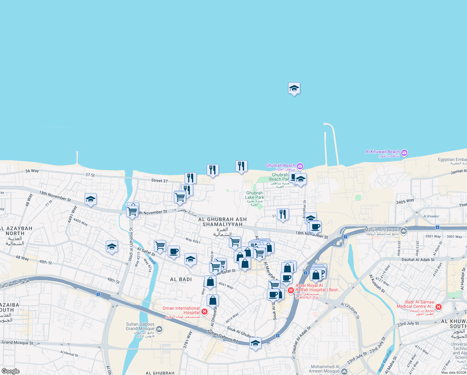 map of restaurants, bars, coffee shops, grocery stores, and more near 133 18th November Street in Muscat