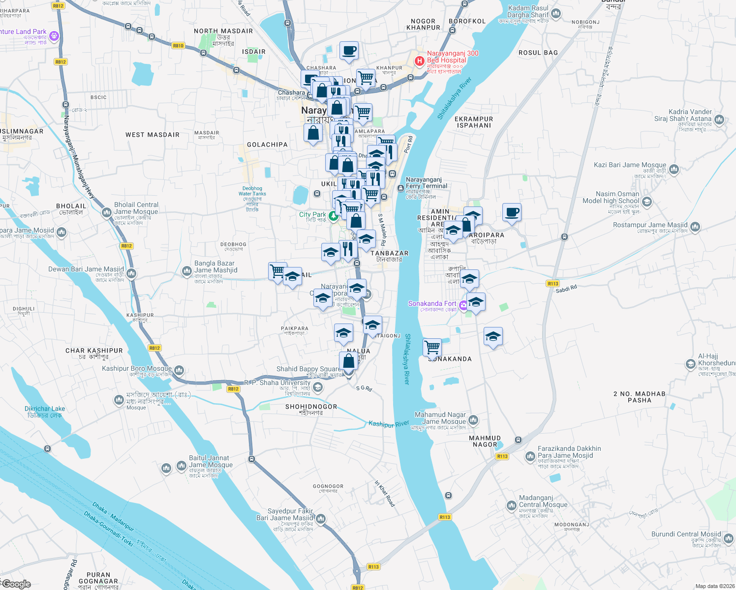 map of restaurants, bars, coffee shops, grocery stores, and more near Bongshal Road in Narayanganj