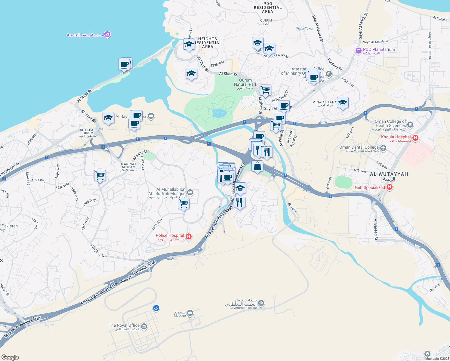 map of restaurants, bars, coffee shops, grocery stores, and more near Seeb Street in Muscat