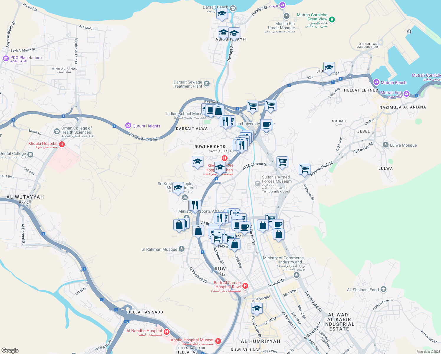 map of restaurants, bars, coffee shops, grocery stores, and more near Al Bahri Road in Muscat