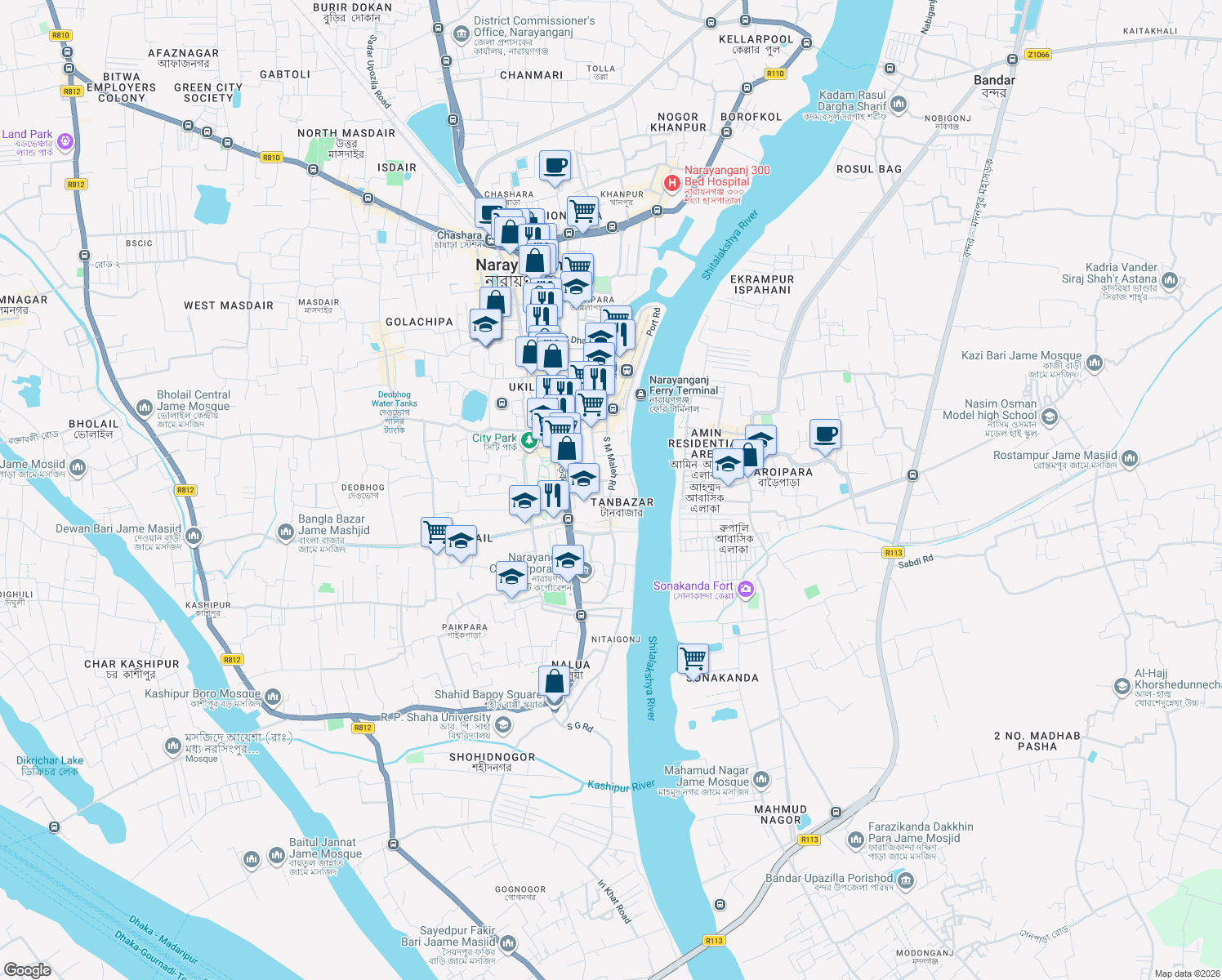 map of restaurants, bars, coffee shops, grocery stores, and more near S M Maleh Road,Tanbaar in Narayanganj
