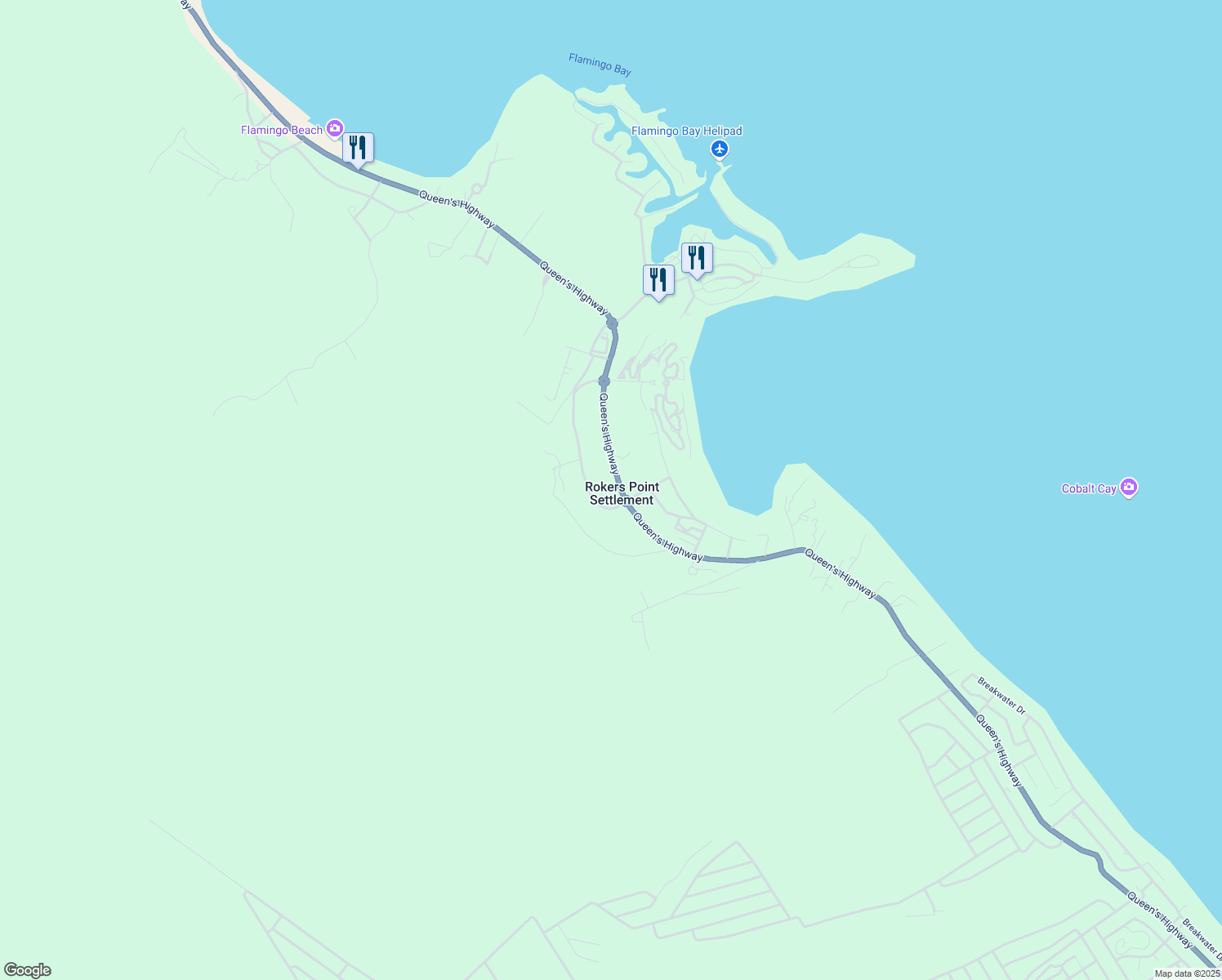map of restaurants, bars, coffee shops, grocery stores, and more near Queen's Highway in Rokers Point Settlement