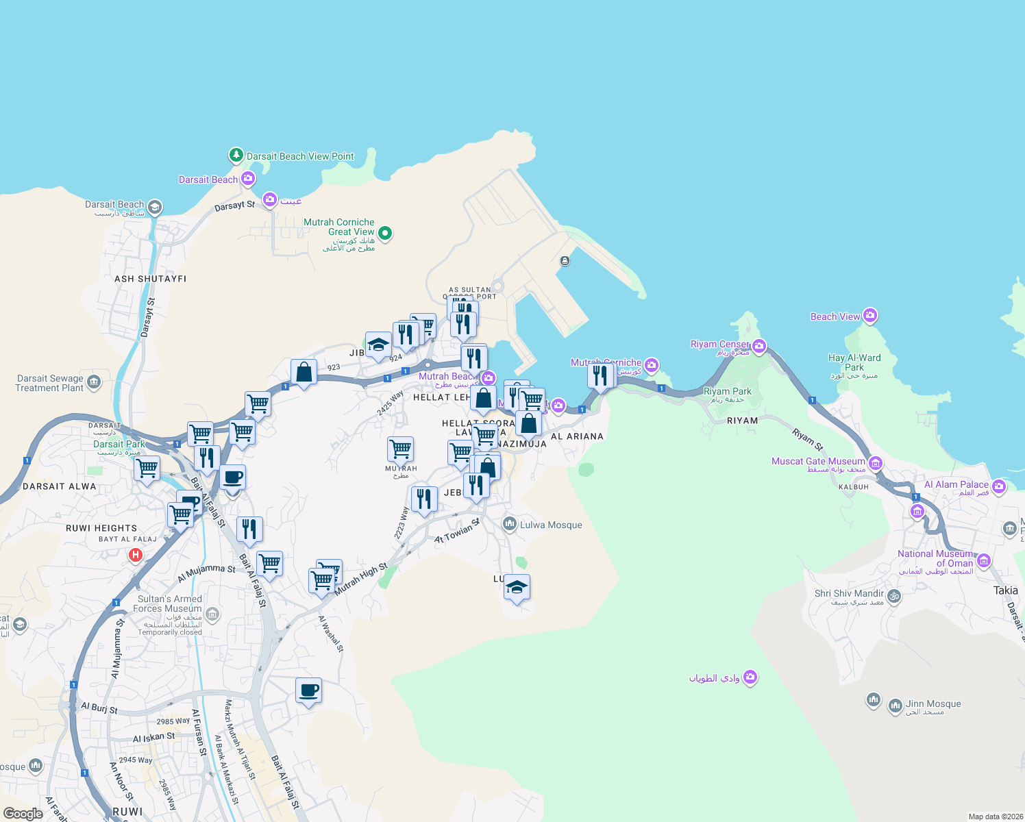 map of restaurants, bars, coffee shops, grocery stores, and more near in مسقط