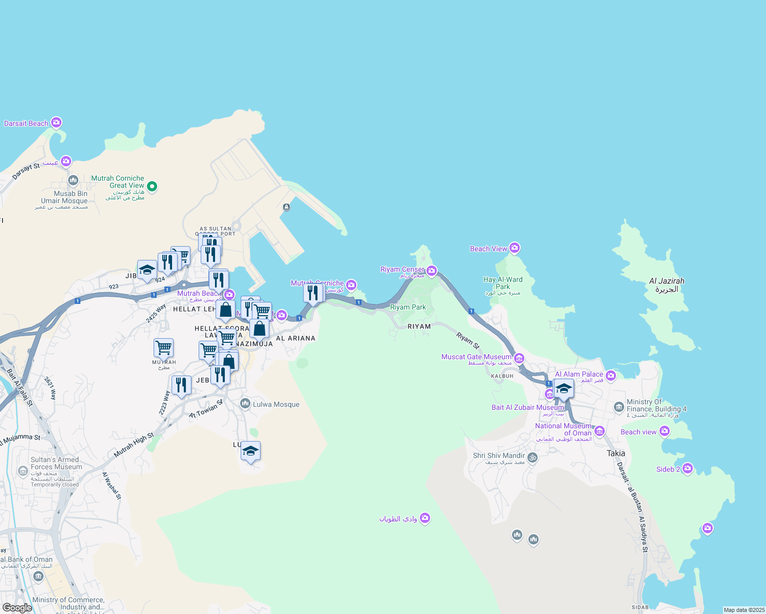 map of restaurants, bars, coffee shops, grocery stores, and more near Al Bahri Road in Muscat
