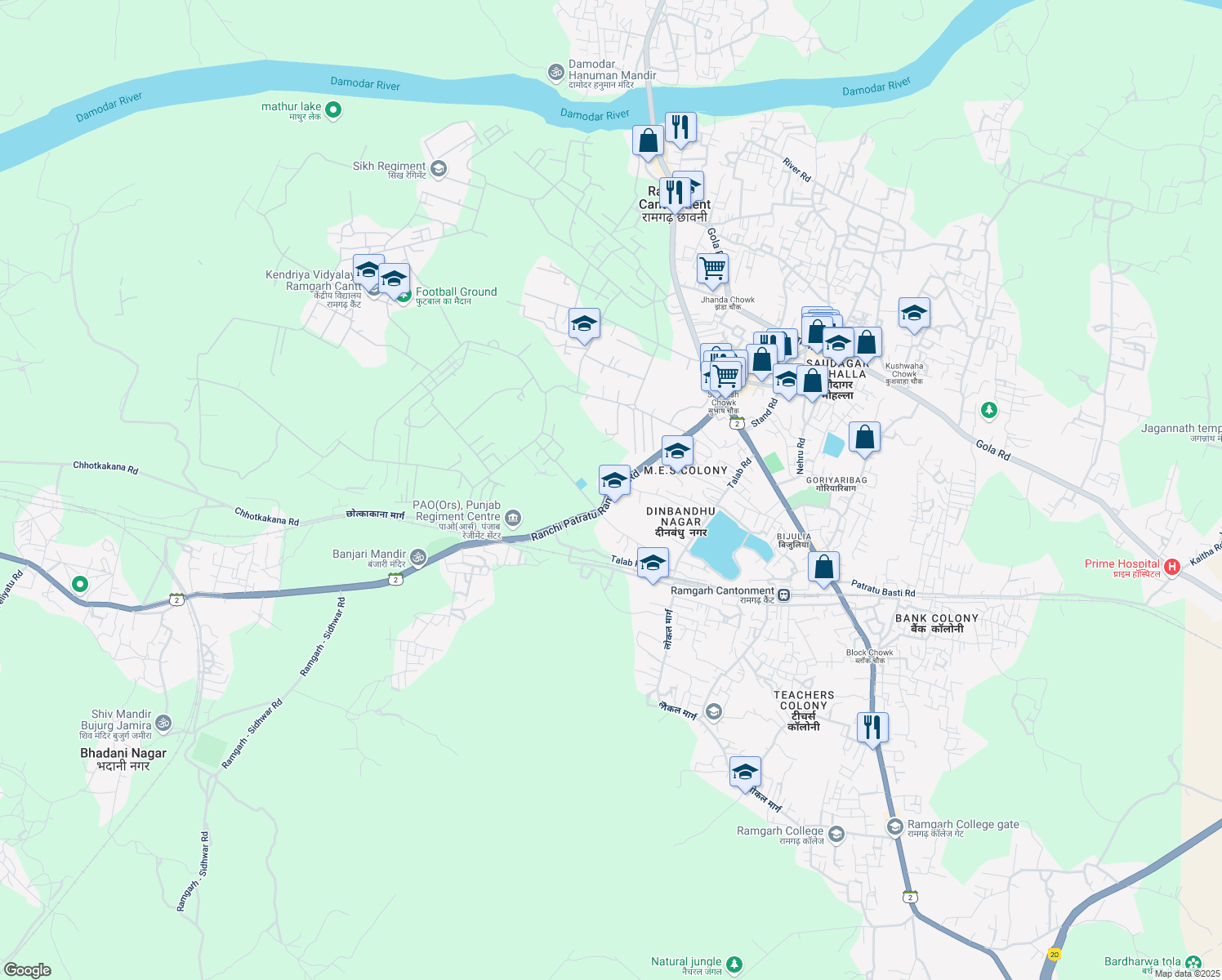 map of restaurants, bars, coffee shops, grocery stores, and more near Ranchi Patratu Ramgarh Road in Ramgarh