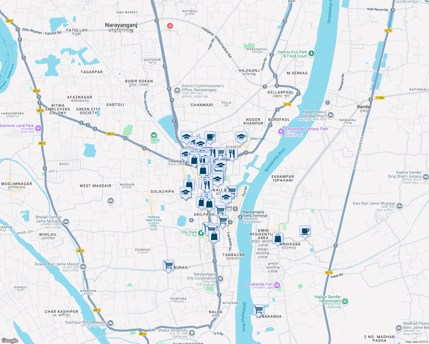 map of restaurants, bars, coffee shops, grocery stores, and more near H K Benarjee Road in Narayanganj