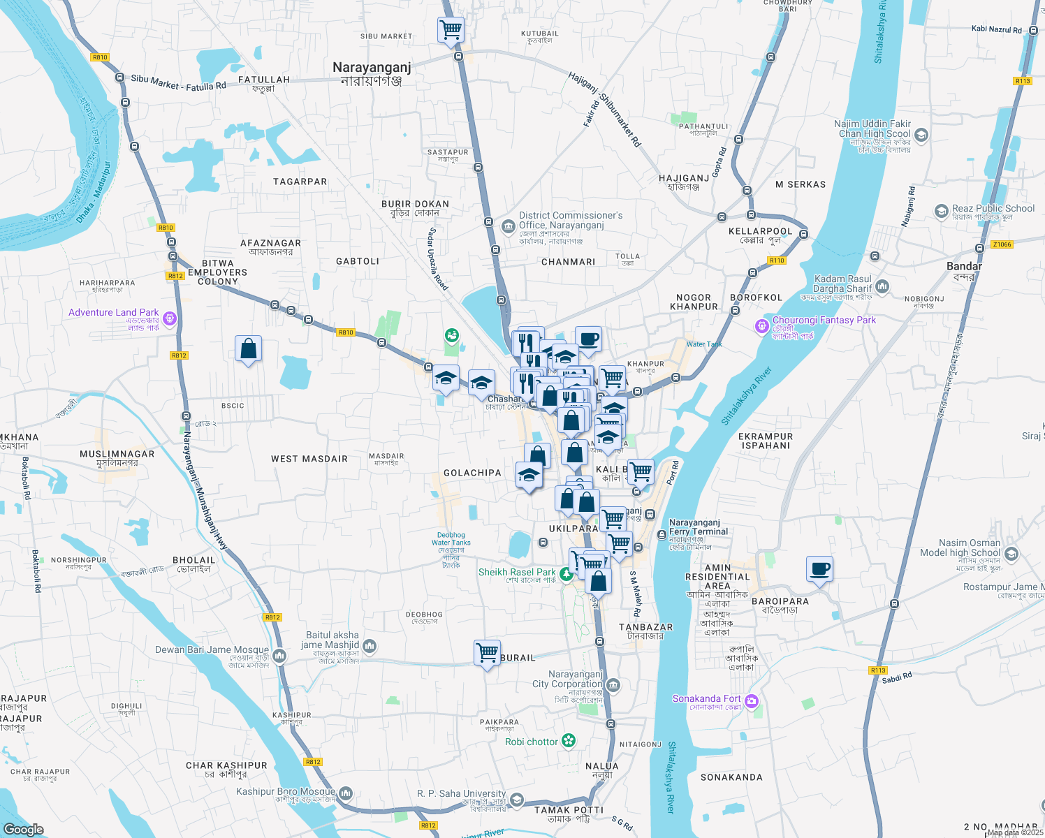 map of restaurants, bars, coffee shops, grocery stores, and more near Allama Iqbal Road in Narayanganj