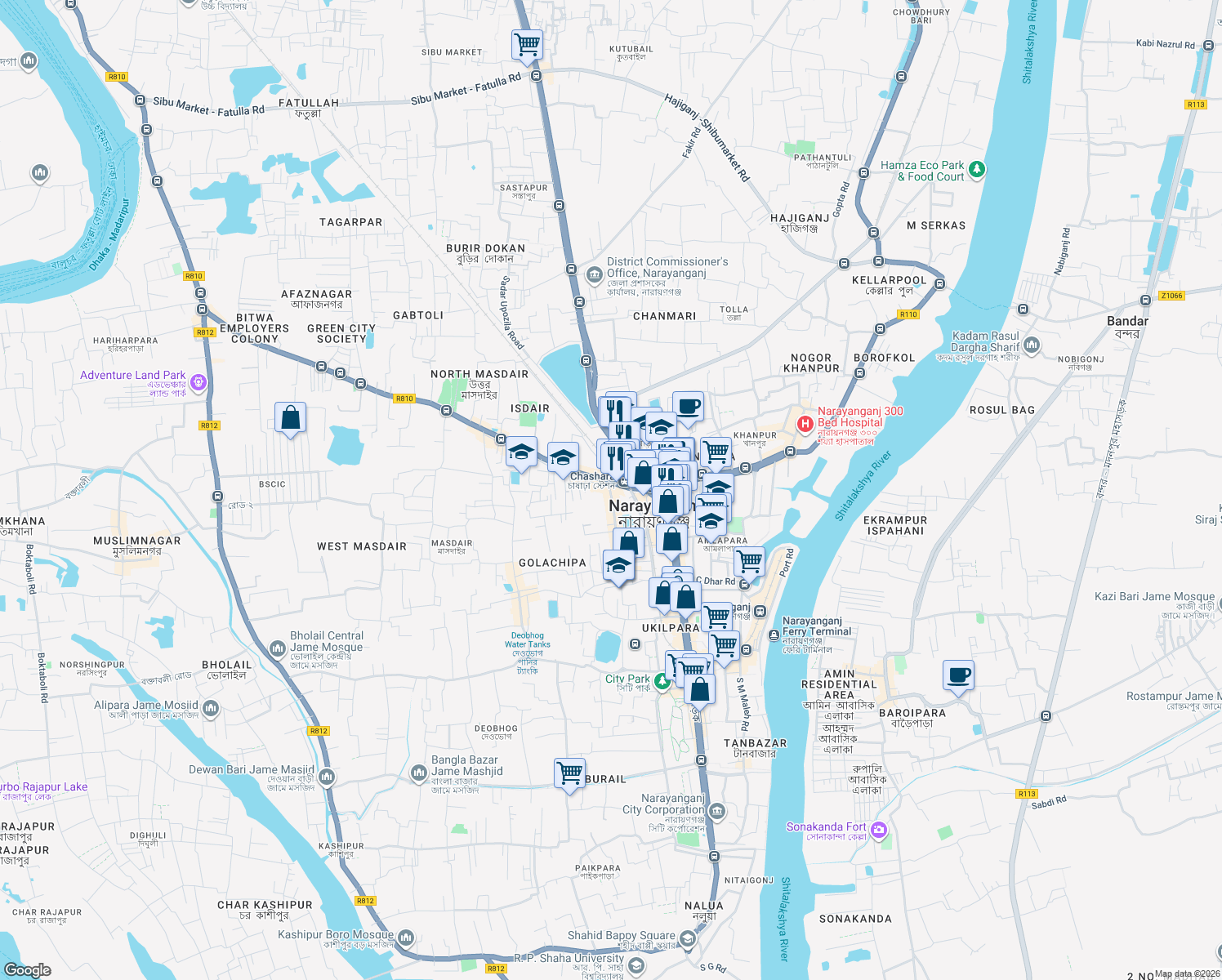 map of restaurants, bars, coffee shops, grocery stores, and more near 2 Allama Iqbal Road in Narayanganj