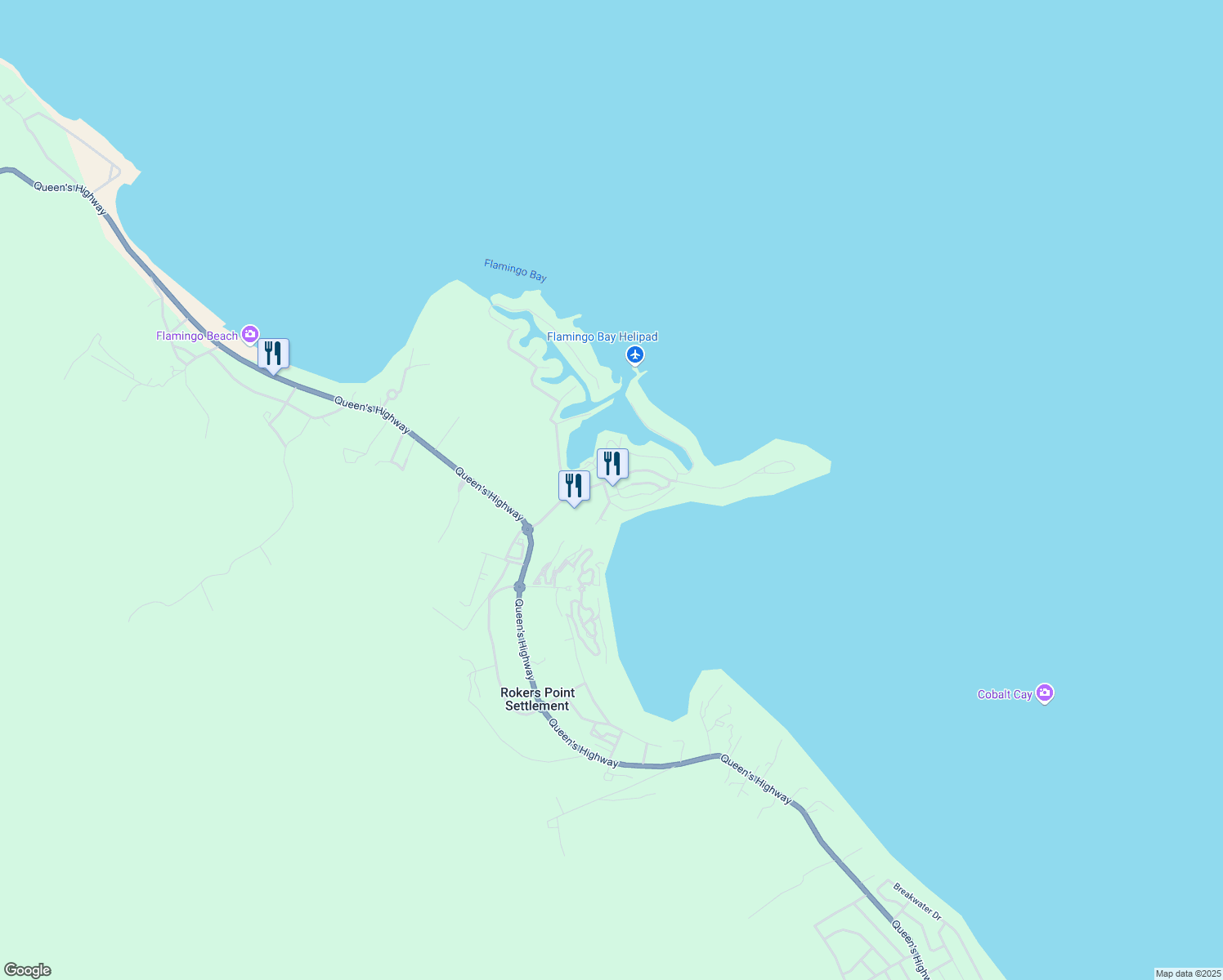 map of restaurants, bars, coffee shops, grocery stores, and more near Queen's Highway in Rokers Point Settlement
