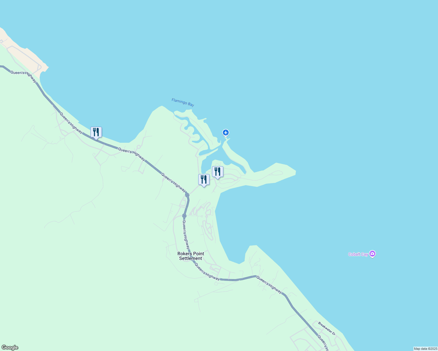 map of restaurants, bars, coffee shops, grocery stores, and more near Queen's Highway in Rokers Point Settlement