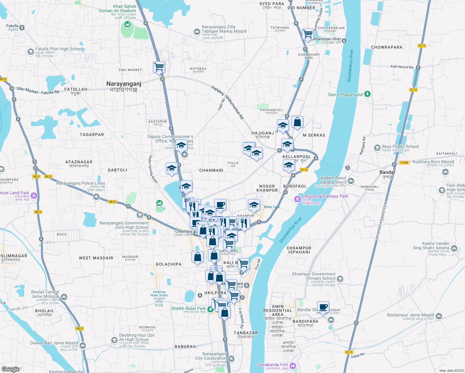 map of restaurants, bars, coffee shops, grocery stores, and more near Chashara Hajigonj Rail Line Road in Narayanganj