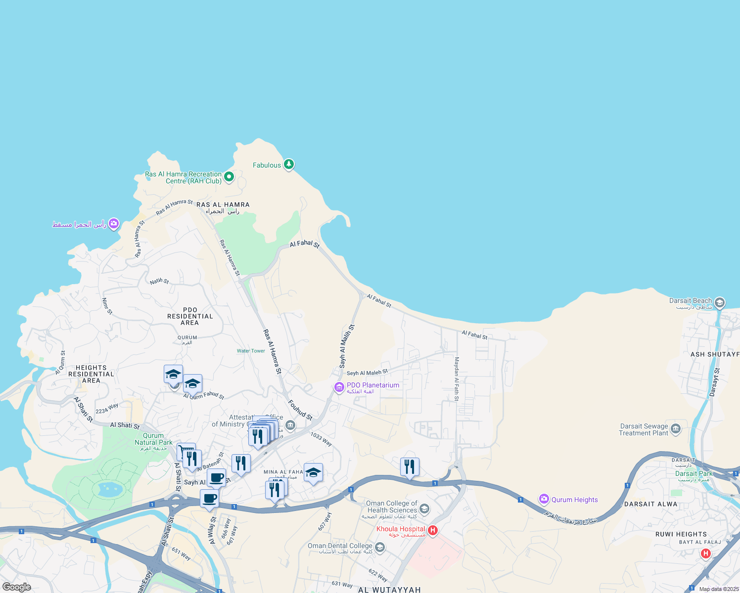 map of restaurants, bars, coffee shops, grocery stores, and more near in Muscat