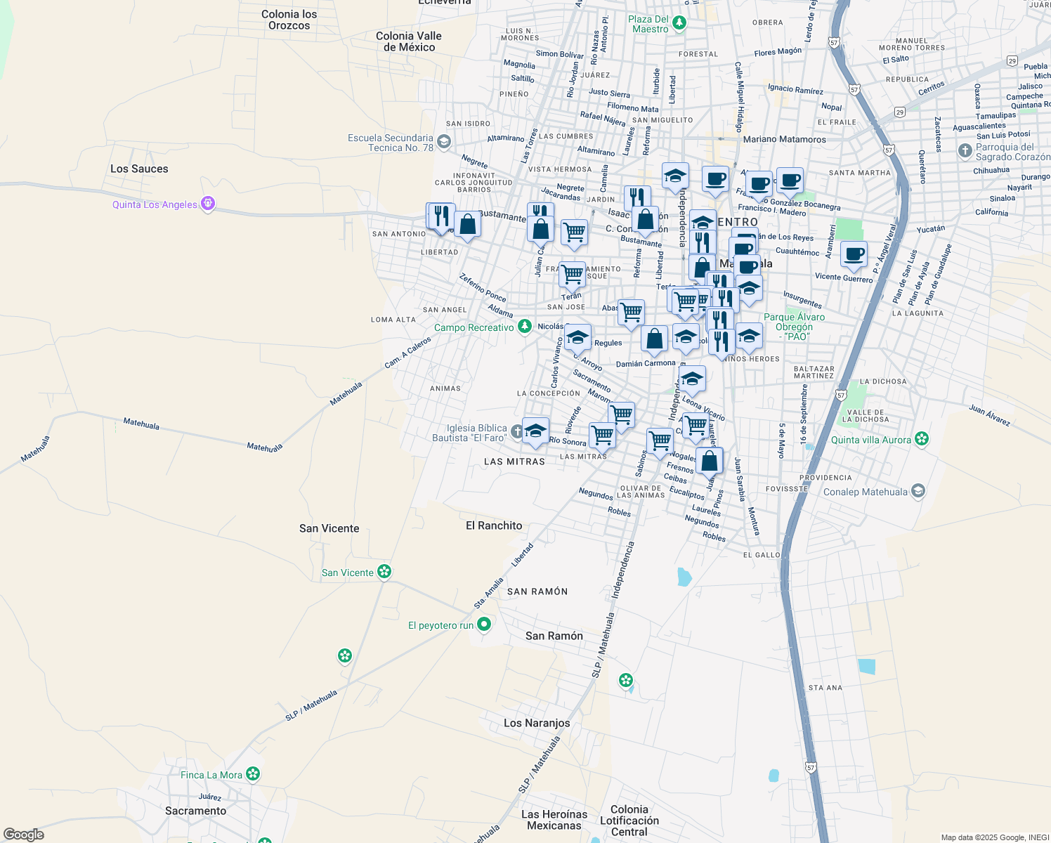map of restaurants, bars, coffee shops, grocery stores, and more near in Matehuala