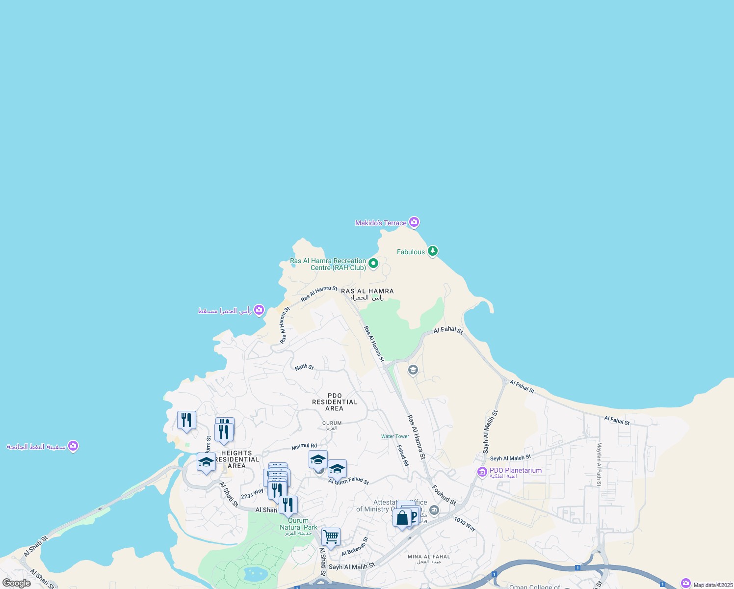 map of restaurants, bars, coffee shops, grocery stores, and more near in Muscat