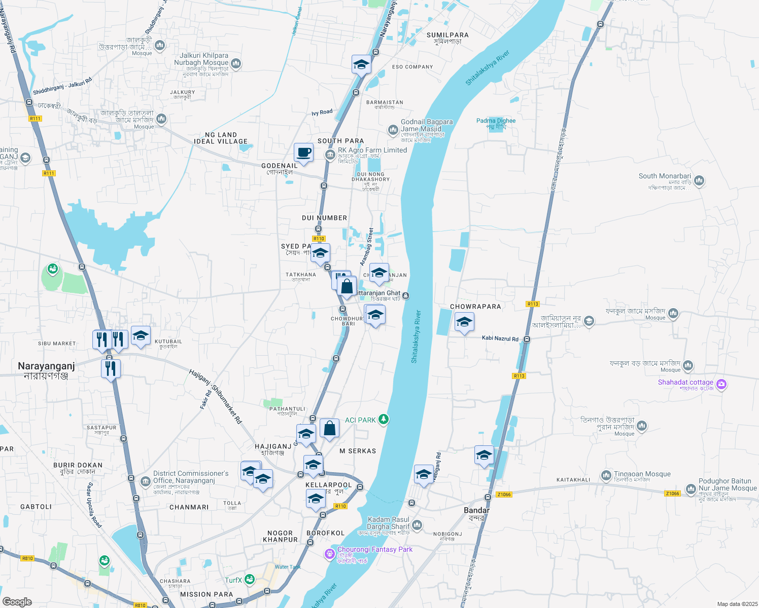 map of restaurants, bars, coffee shops, grocery stores, and more near Luxminarayan Street in Narayanganj