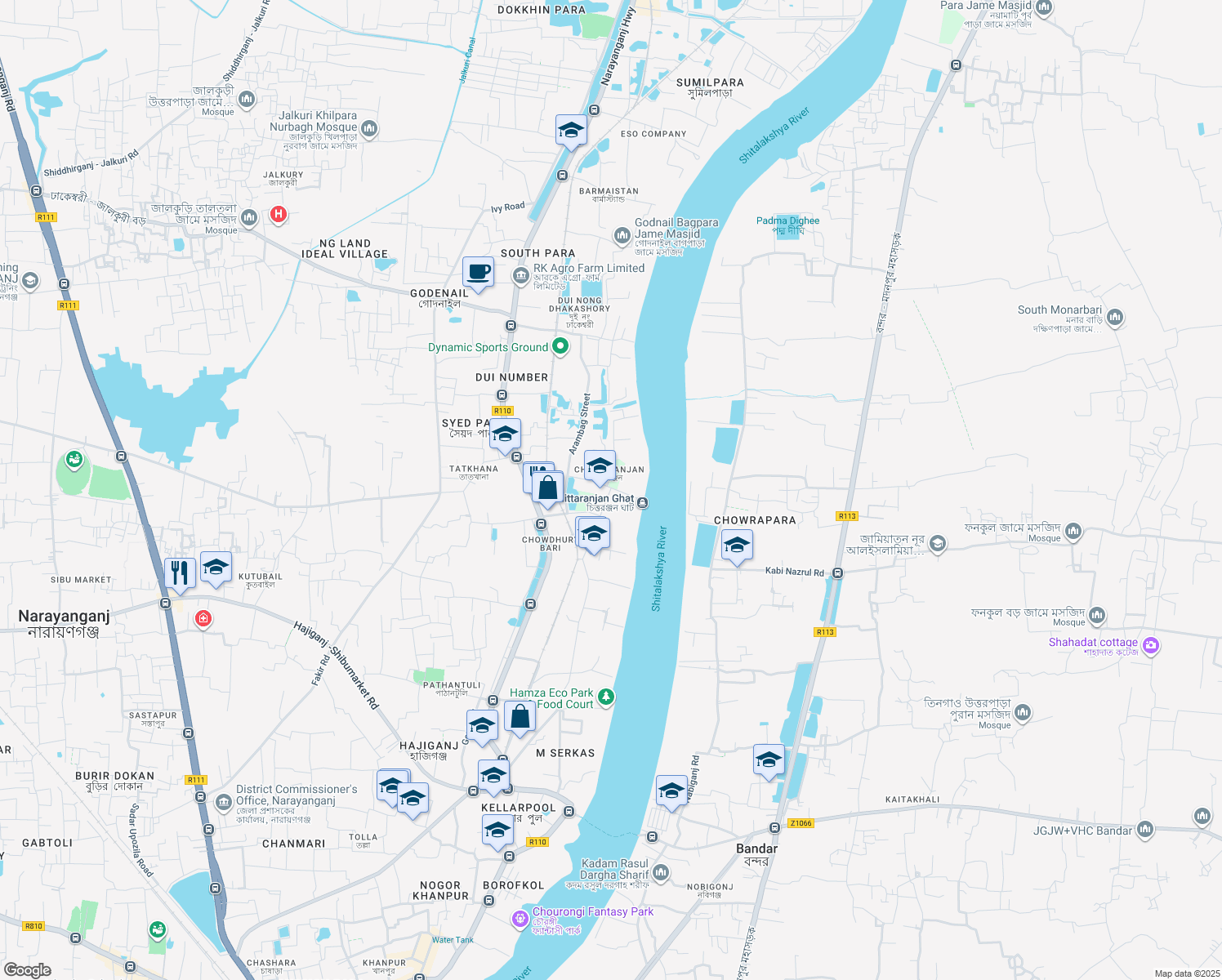 map of restaurants, bars, coffee shops, grocery stores, and more near Luxminarayan Street in Narayanganj
