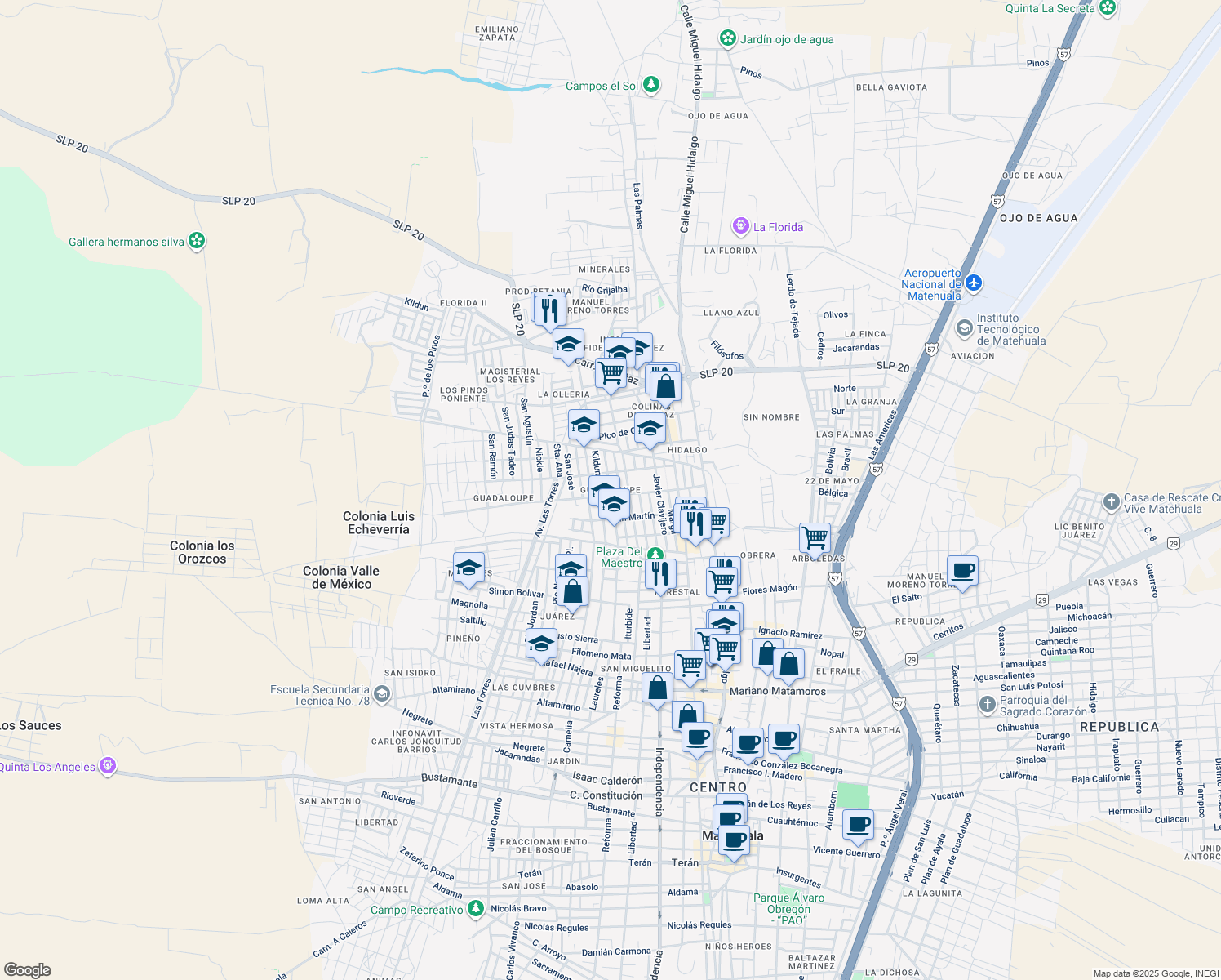 map of restaurants, bars, coffee shops, grocery stores, and more near in Matehuala