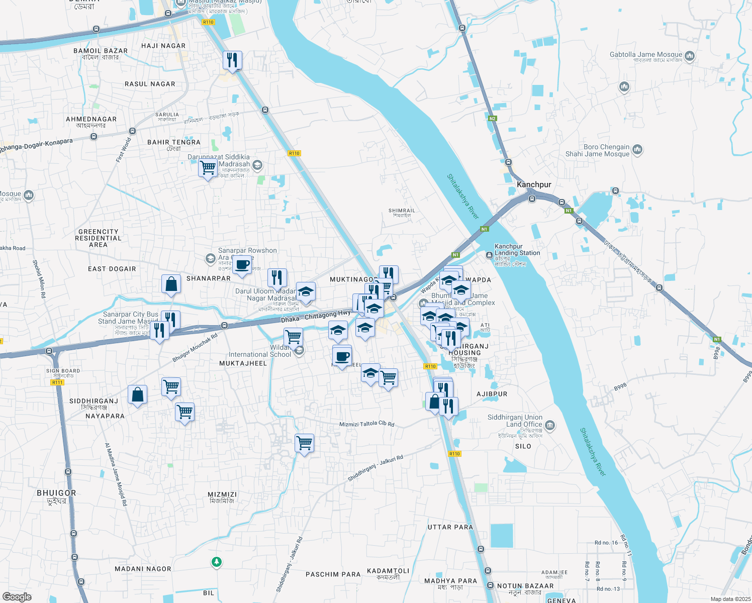 map of restaurants, bars, coffee shops, grocery stores, and more near Chittagong Road in Dhaka