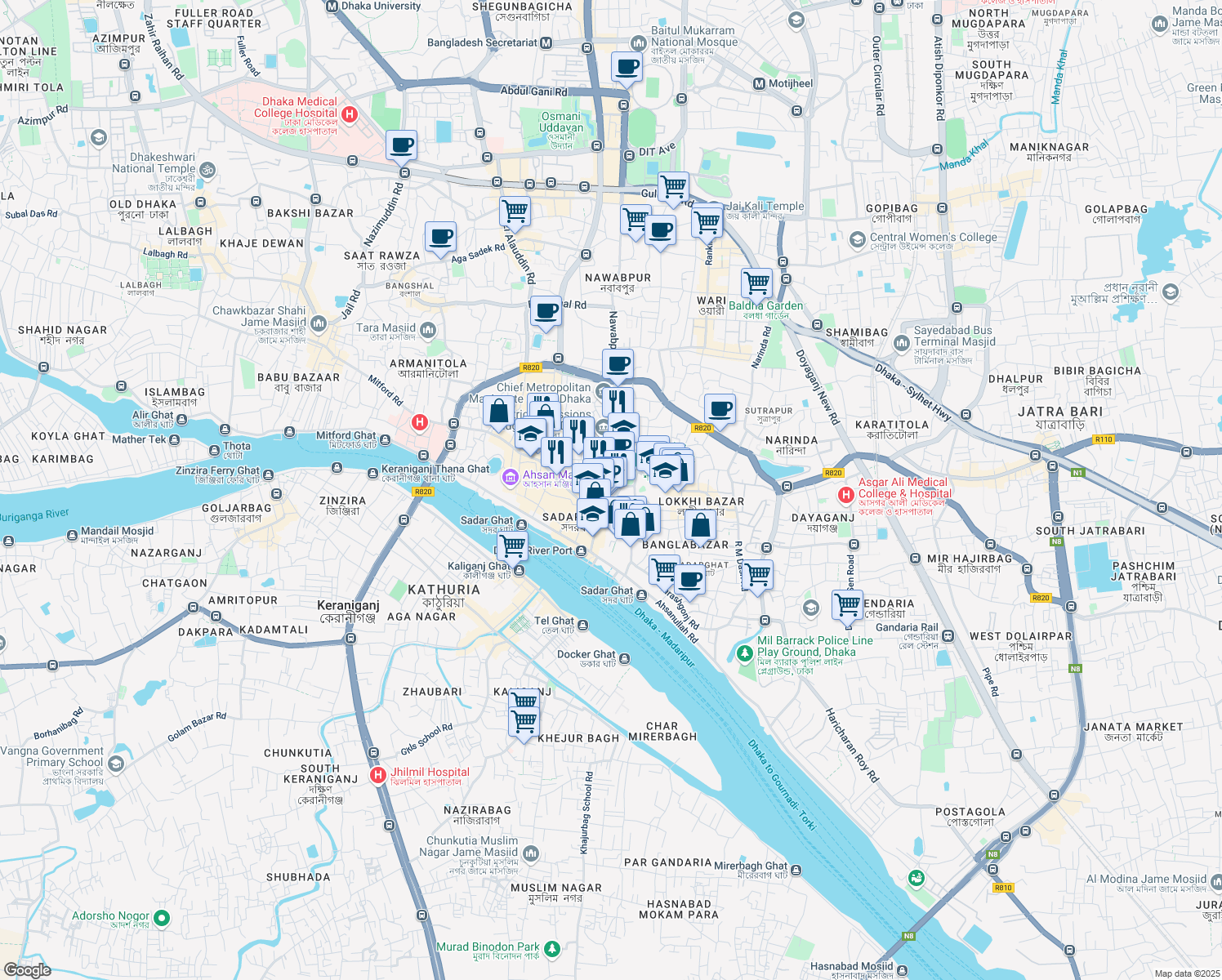 map of restaurants, bars, coffee shops, grocery stores, and more near Johnson Road in Dhaka